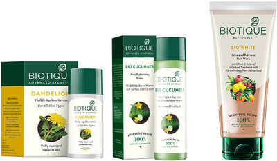 

BIOTIQUE BIO Cucumber Pore Tightening Toner,Dandelion Ageless Lightening Serum, white advanced fairness face wash(Set of 3)
