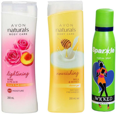 

Avon Anew Naturals Body Care Rose & Peach hand & body lotion (200 ml) & one Naturals Body Care Nourishing Milk & Honey Shower Gel (200 ml) With one sparkle perfume spray 150 ml(Set of 3)