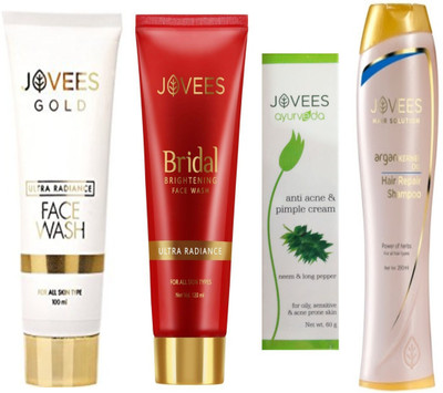 

Jovees Hair Repair Shampoo-250ml, Anti Acne Pimple Cream-60g, Bridal Face Wash,-120ml, Gold Face Wash-100ml.(Set of 4)