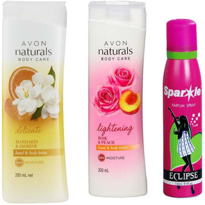 

Avon Anew Naturals Body Care Rose & Peach hand & body lotion (200 ml) & one Naturals mandarin & jasmine body lotion (200 ml) With one sparkle perfume spray 150 ml(Set of 3)