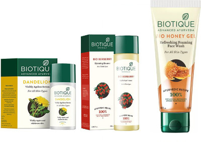 

BIOTIQUE BIO Dandelion Ageless Lightening Serum, BERBERRY HYDRATING CLEANSER FOR ALL SKIN TYPES, Honey Gel Face Wash(Set of 3)