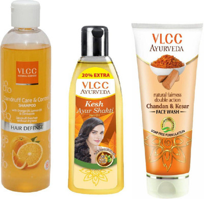 

VLCC Dandruff care & Control shampoo 350ml + Ayurveda Ayur shakti hair oil 100ml + chandan & Kesar face wash 100ml(Set of 3)