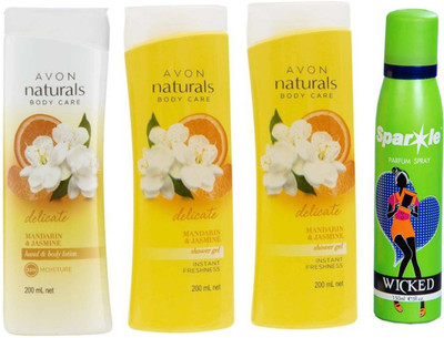 

Avon Anew Naturals mandarin & jasmine body lotion (200 ml) & two Naturals mandarin & jasmine shower gel (200 ml) With one sparkle perfume spray 150 ml(Set of 4)