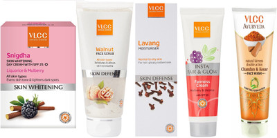 

VLCC Snigdha day 50g+Walnut 80g+Lavang 100ml+Chandan kesar FW 100ml+Insta fairness cream 50gm(Set of 5)