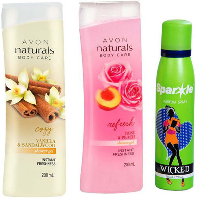 

Avon Anew vanilla sandalwood shower gel 200 ml & one Naturals Body care Rose & Peach Shower Gel (200 ml) With one sparkle perfume spray 150 ml(Set of 3)
