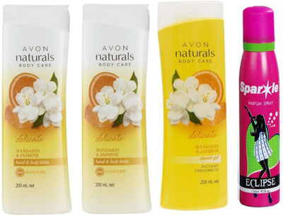 

Avon Anew two Naturals mandarin & jasmine body lotion (200 ml) & one Naturals mandarin & jasmine shower gel (200 ml) With one sparkle perfume spray 150 ml(Set of 4)