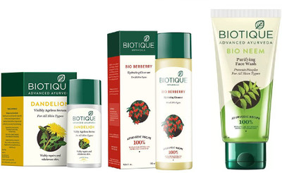 

BIOTIQUE BIO Dandelion Ageless Lightening Serum, BERBERRY HYDRATING CLEANSER FOR ALL SKIN TYPES, Neem Purifying Face Wash(Set of 3)