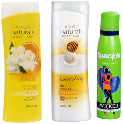 

Avon Anew Naturals mandarin & jasmine shower gel (200 ml) & one Naturals Milk & Honey Hand & Body Lotion (200 ml) With one sparkle perfume spray 150 ml(Set of 3)