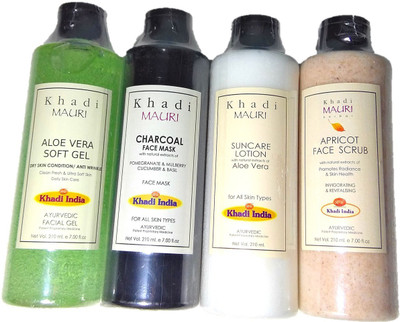 

Khadi Mauri Herbal & Organic complete face care combo of Aloe vera gel +Charcoal face mask+Apricot scrub+Sunscreen lotion(Set of 4)