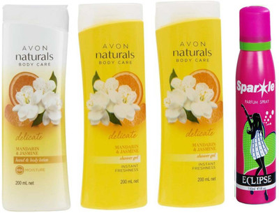 

Avon Anew Naturals mandarin & jasmine body lotion (200 ml) & two Naturals mandarin & jasmine shower gel (200 ml) With one sparkle perfume spray 150 ml(Set of 4)