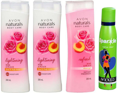 

Avon Anew two Naturals Body Care Rose & Peach hand & body lotion (200 ml) & one Naturals Body care Rose & Peach Shower Gel (200 ml) With one sparkle perfume spray 150 ml(Set of 4)