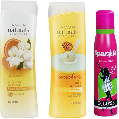 

Avon Anew Naturals mandarin & jasmine body lotion (200 ml) & one Naturals Body Care Nourishing Milk & Honey Shower Gel (200 ml) With one sparkle perfume spray 150 ml(Set of 3)