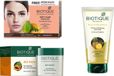 

BIOTIQUE BIO Bio Party Glow Facial Kit, Bio Papaya Revitalizing Tan Removal Scrub, Bio Pineapple Oil Control Foaming Face Wash(Set of 3)