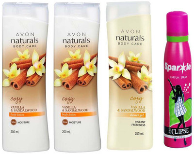 

Avon Anew two vanilla sandalwood hand & body lotion 200 ml & one vanilla sandalwood shower gel 200 ml With one sparkle perfume spray 150 ml(Set of 4)