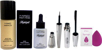 

9 to 5 sponge puff & Mac prep+prime skin base visage highlighter with mineralize moisture foundation , Brooke candy eyeliner and mascara(Set of 5)