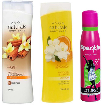 

Avon Anew vanilla sandalwood hand & body lotion 200 ml & one Naturals mandarin & jasmine shower gel (200 ml) With one sparkle perfume spray 150 ml(Set of 3)
