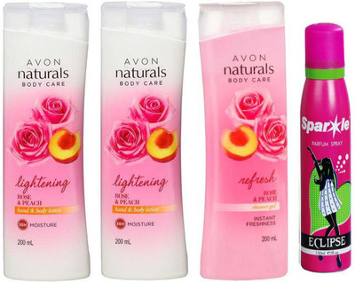 

Avon Anew two Naturals Body Care Rose & Peach hand & body lotion (200 ml) & one Naturals Body care Rose & Peach Shower Gel (200 ml) With one sparkle perfume spray 150 ml(Set of 4)