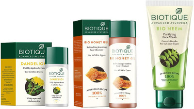 

BIOTIQUE BIO Dandelion Ageless Lightening Serum, Honey Gel Refreshing Foaming Face cleanser , Neem Purifying Face Wash(Set of 3)