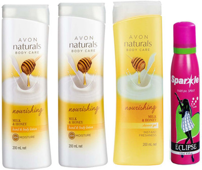 

Avon Anew two Naturals Milk & Honey Hand & Body Lotion (200 ml) & one Naturals Body Care Nourishing Milk & Honey Shower Gel (200 ml) With one sparkle perfume spray 150 ml(Set of 4)
