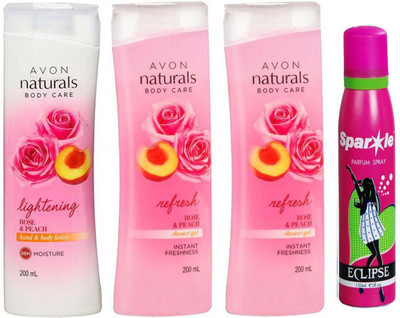

Avon Anew Naturals Body Care Rose & Peach hand & body lotion (200 ml) & two Naturals Body care Rose & Peach Shower Gel (200 ml) With one sparkle perfume spray 150 ml(Set of 4)