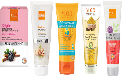 

VLCC Snigdha Day 50g+Walnut 80g+3D boost 50gm+Haldi chandan FW 100ml+Insta fairness 50gm(Set of 5)