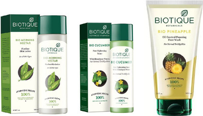 

BIOTIQUE BIO Morning Nectar Flawless Skin Moisturizer, Cucumber Pore Tightening Toner, Pineapple Oil Control Foaming Face Wash(Set of 3)