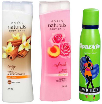 

Avon Anew Naturals Body care Rose & Peach Shower Gel (200 ml) & one vanilla sandalwood hand and body lotion 200 ml With one sparkle perfume spray 150 ml(Set of 3)