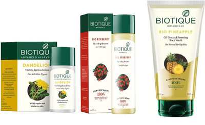 

BIOTIQUE BIO Dandelion Ageless Lightening Serum, BERBERRY HYDRATING CLEANSER FOR ALL SKIN TYPES, Pineapple Oil Control Foaming Face Wash(Set of 3)