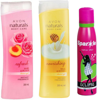 

Avon Anew Naturals Body Care Nourishing Milk & Honey Shower Gel (200 ml) & one Naturals Body care Rose & Peach Shower Gel (200 ml) With one sparkle perfume spray 150 ml(Set of 3)