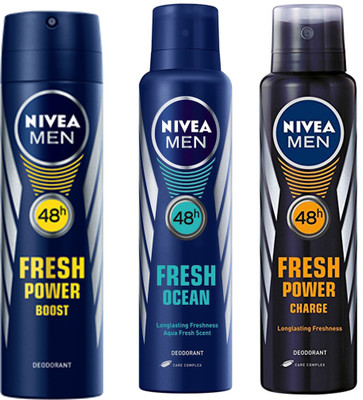 

Nivea MEN FRESH OCEAN DEODORANT 150 ML+MEN FRESH POWER BOOST DEODORANT 150 ML+MEN FRESH POWER CHARGE DEODORANT 150 ML Deodorant Spray - For Men & Women(150 ml, Pack of 3)