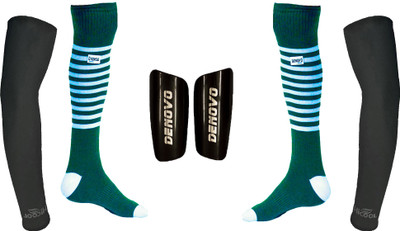 

DeNovo Ultimate Protection (One Pair Large Shin Guard + One Pair Lycra Striped Knee Length Football Socks + One Pair UV Protection Arm Sleeves) Football Kit
