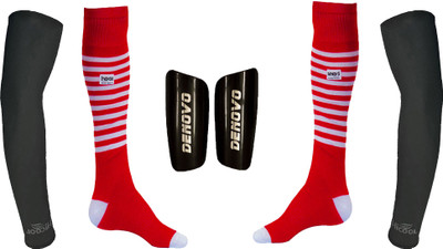 

DeNovo Ultimate Protection (One Pair Large Shin Guard + One Pair Lycra Striped Knee Length Football Socks + One Pair UV Protection Arm Sleeves) Football Kit