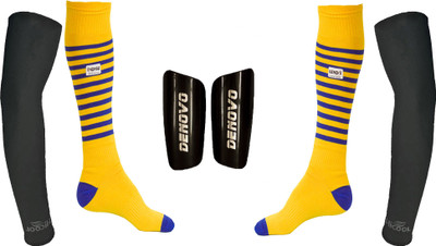 

DeNovo Ultimate Protection (One Pair Large Shin Guard + One Pair Lycra Striped Knee Length Football Socks + One Pair UV Protection Arm Sleeves) Football Kit