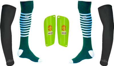 

DeNovo Ultimate Protection (One Pair Large Shin Guard + One Pair Lycra Striped Knee Length Football Socks + One Pair UV Protection Arm Sleeves) Football Kit