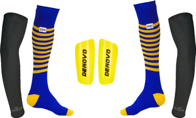 

DeNovo Ultimate Protection (One Pair Large Shin Guard + One Pair Lycra Striped Knee Length Football Socks + One Pair UV Protection Arm Sleeves) Football Kit
