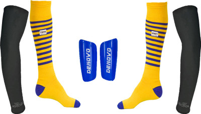 

DeNovo Ultimate Protection (One Pair Large Shin Guard + One Pair Lycra Striped Knee Length Football Socks + One Pair UV Protection Arm Sleeves) Football Kit