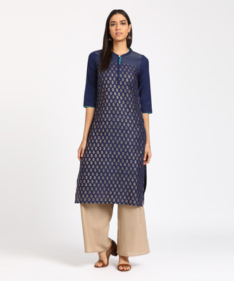 Aurelia Women Printed Straight Kurta(Dark Blue, Gold)
