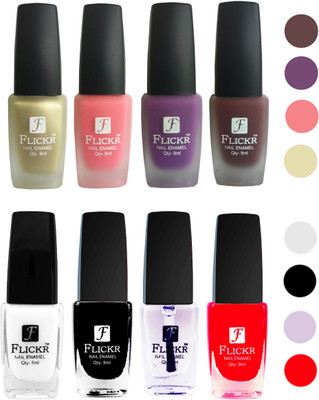 

Flickr Velvet Matte Nail Polish + Glossy Nail Polish Combo (4+4) Black,White Top Coat,Red,Golden,Peach,Purple,Maroon(Pack of 8)