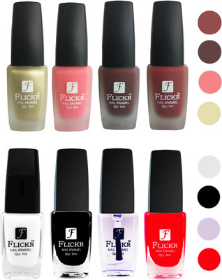 

Flickr Velvet Matte Nail Polish + Glossy Nail Polish Combo (4+4) Black,White Top Coat,Red,Golden,Peach,Maroon,Reddish Maroon(Pack of 8)