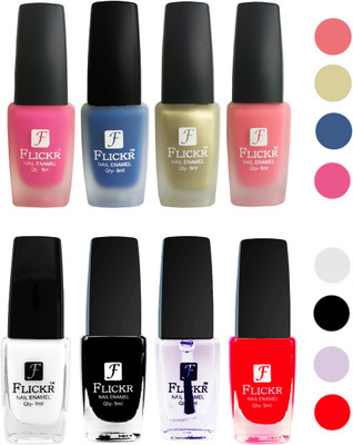 

Flickr Velvet Matte Nail Polish + Glossy Nail Polish Combo (4+4) Black,White Top Coat,Red,Pink,Blue,Golden,Peach(Pack of 8)