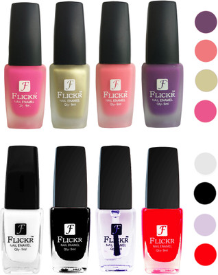 

Flickr Velvet Matte Nail Polish + Glossy Nail Polish Combo (4+4) Black,White Top Coat,Red,Golden,Maroon,Peach,Purple(Pack of 8)