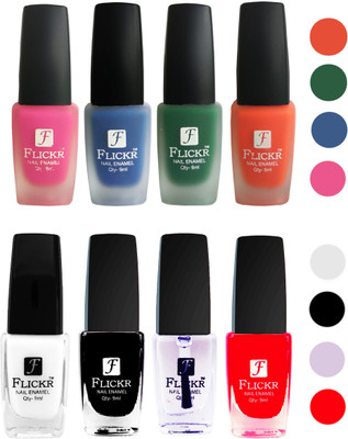 

Flickr Velvet Matte Nail Polish + Glossy Nail Polish Combo (4+4) Black,White Top Coat,Red,Pink,Blue,Green,Orange(Pack of 8)