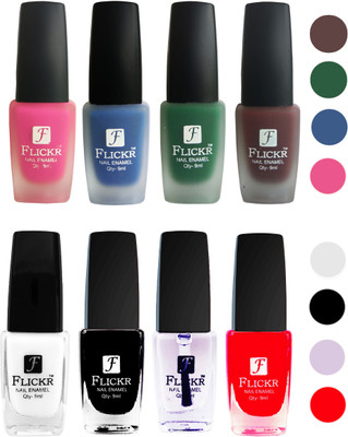 

Flickr Velvet Matte Nail Polish + Glossy Nail Polish Combo (4+4) Black,White Top Coat,Red,Pink,Blue,Green,Maroon(Pack of 8)
