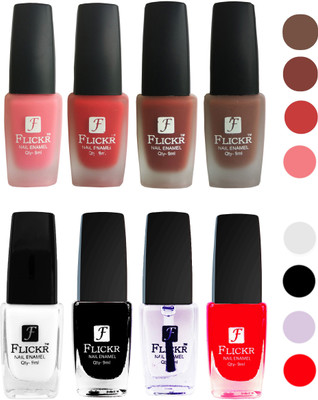 

Flickr Velvet Matte Nail Polish + Glossy Nail Polish Combo (4+4) Black,White Top Coat,Red,Peach,Red,Nude,Brown(Pack of 8)