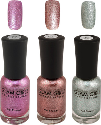 

Glam Girlz Glitter Nail Polish-Combo(87-91-96) dark pink, pinkish copper, silver(Pack of 3)