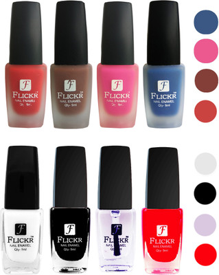 

Flickr Velvet Matte Nail Polish + Glossy Nail Polish Combo (4+4) Black,White Top Coat,Red,Red,Brown,Pink,Blue(Pack of 8)