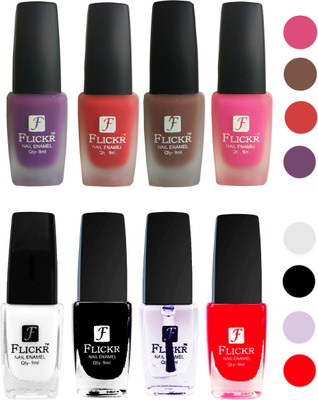 

Flickr Velvet Matte Nail Polish + Glossy Nail Polish Combo (4+4) Black,White Top Coat,Red,Purple,Red,Brown,Pink(Pack of 8)