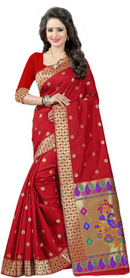 Creative Work Checkered, Embellished, Embroidered, Paisley, Plain, Printed, Solid, Striped, Woven Paithani Art Silk, Cotton, Jacquard, Silk Saree(Red, Brown) Flipkart