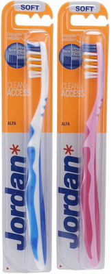 

Jordan Clean Access Alfa Bristles Latest Design BPA Free Imported Brush gentle to Teeth & Gems. Made in Malaysia (Random Color) Pack of 2 Soft Toothbrush(Pack of 2)