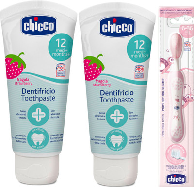 

Chicco Strwaberry Toothpaste (12 m+), 50ml, Pack of 2 and Pink Toothbrush(Pink)